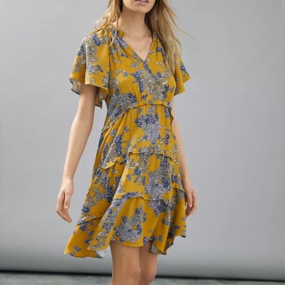 Anthropologie Dresses & Skirts - Anthropologie Robin Tiered Mustard Floral Ruffle Short Dress
